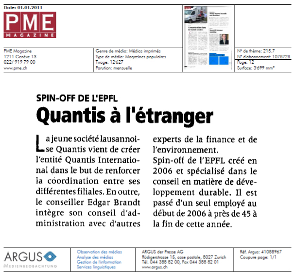 “Quantis à l’étranger” – PME Magazine