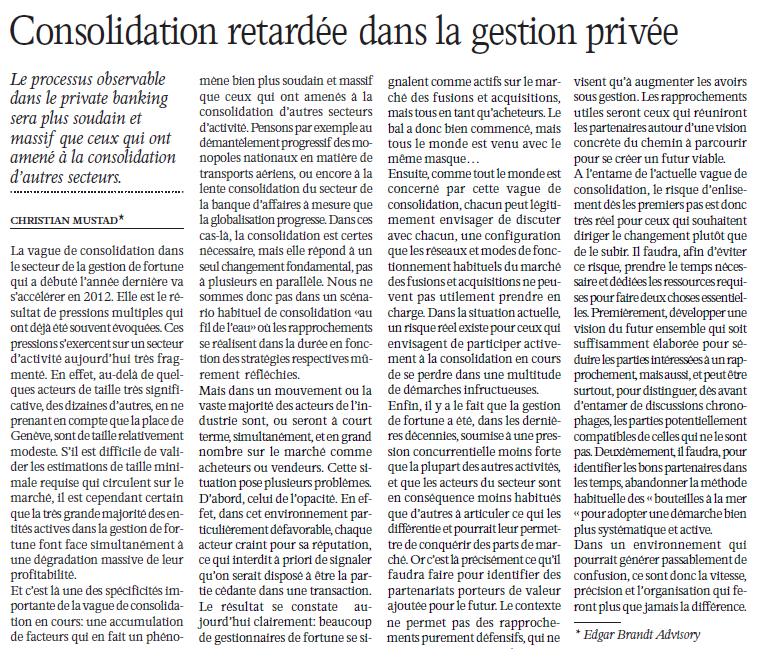 “Consolidation retardée dans la gestion privée” – L’Agefi