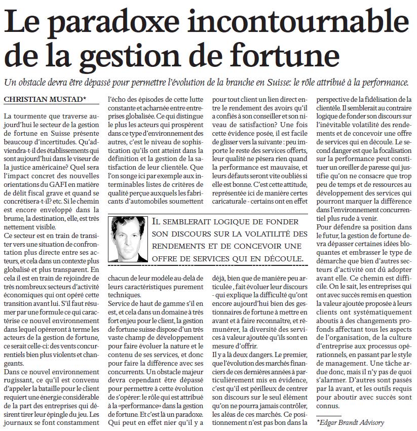 “Le paradoxe incontournable de la gestion de fortune” – L’Agefi