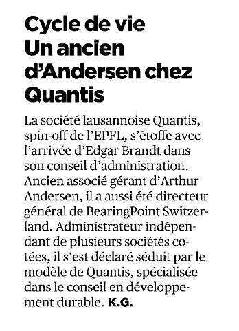 “Cycle de vie – Un ancien d’Andersen chez Quantis” – 24 Heures