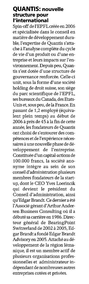 “Quantis: Une nouvelle structure pour l’international” – L’Agefi